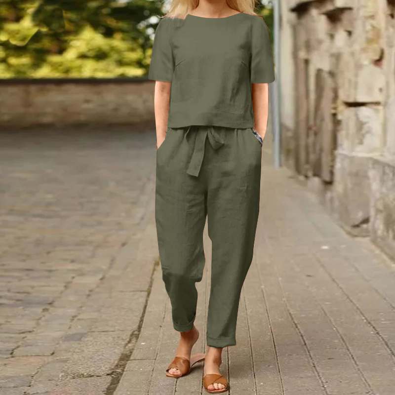 Ensemble deux pièces pantalon large – Tenue de détente décontractée unie