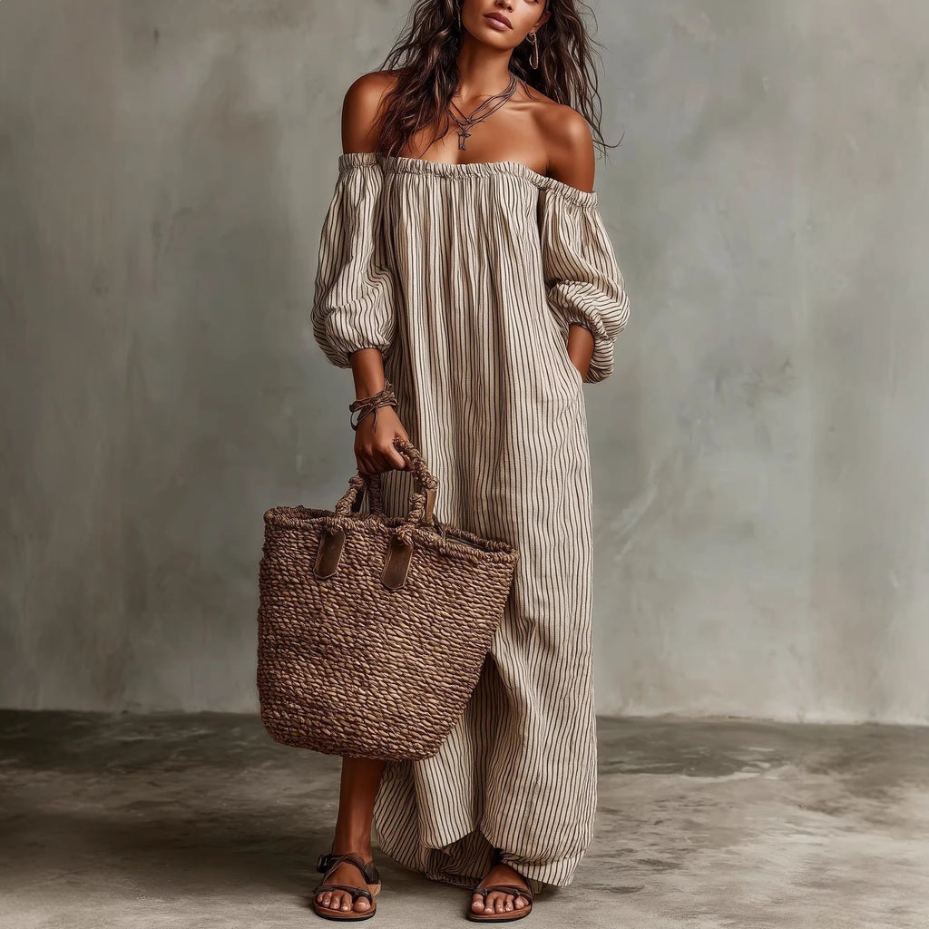 Robe longue femme à épaules dénudées et manches longues