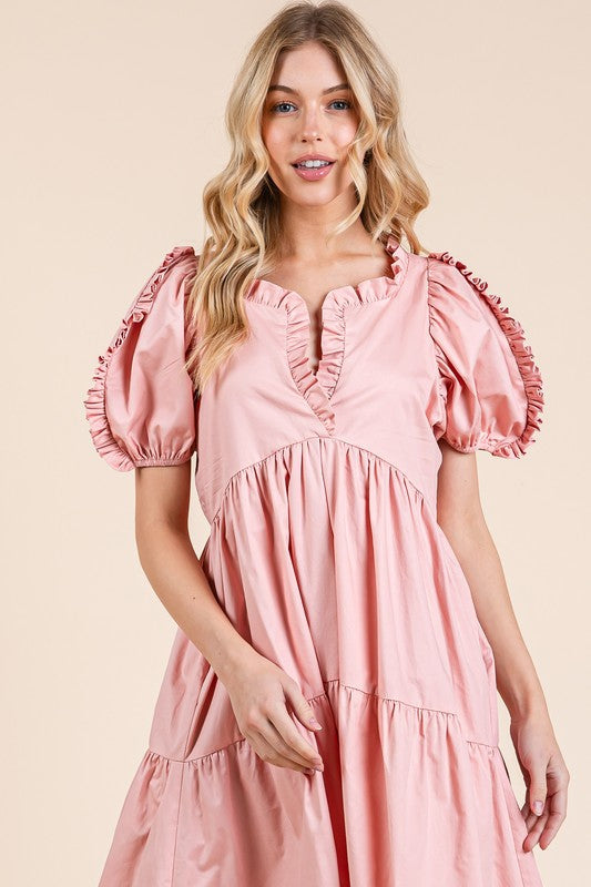 Robe mi-longue babydoll étagée à manches bouffantes et volants – Robe mi-longue babydoll légère, adorable, élégante, féminine et tendance avec volants et manches bouffantes