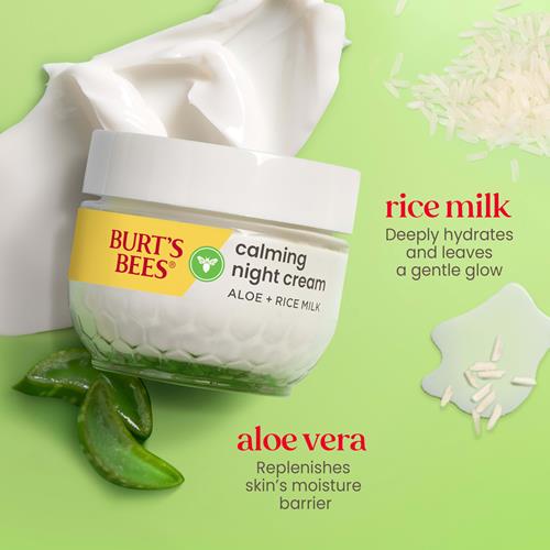 Crème de Nuit Apaisante Burts Bees, à l'Aloès et au Lait de Riz, Hydratant Visage pour Peaux Sensibles qui Apporte de l'Hydratation à la Peau Pendant Votre Sommeil, 98,8 % d'Origine Naturelle, Pot de 51 g.