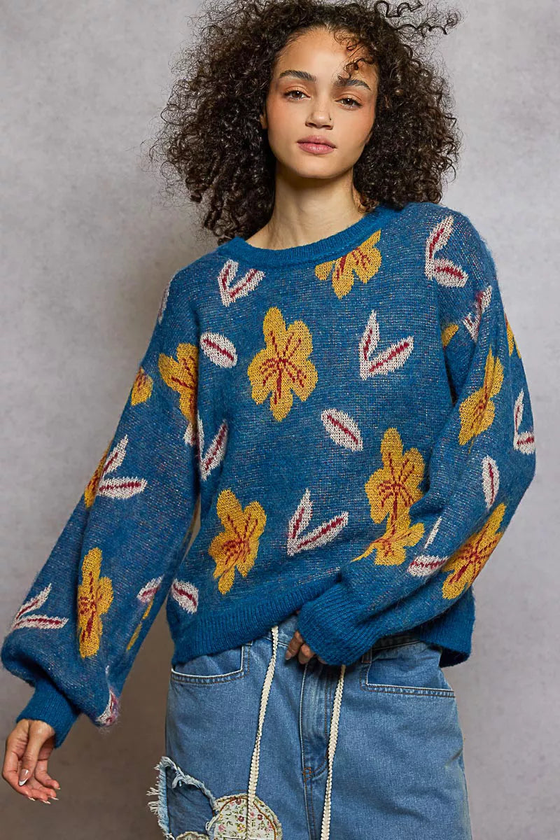 Pull POL à motif floral, col rond et manches ballon