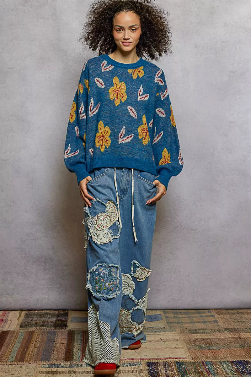 Pull POL à motif floral, col rond et manches ballon