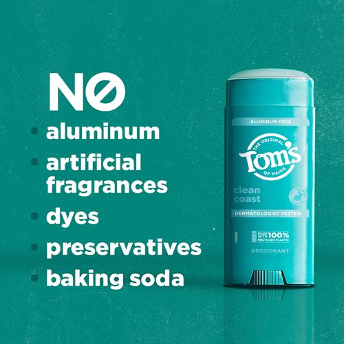 Tom’s Of Maine Clean Coast Déodorant Naturel sans Aluminium pour Femmes et Hommes | Application Transparente | Protection contre les Odeurs et l'Humidité | Ingrédients d'Origine Naturelle et Rétenteurs d'Hydratation | 92 g