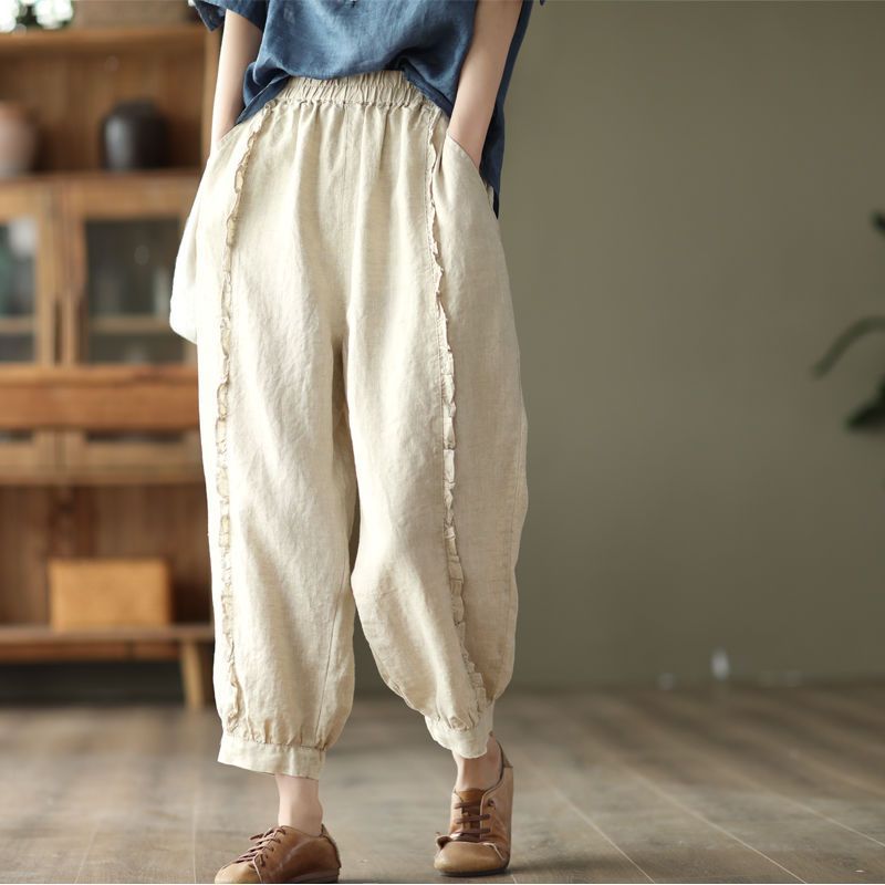 Pantacourt Sarouel Taille Haute Couleur Unie pour Femme