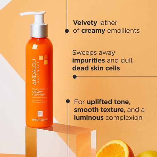 Andalou Naturals – Nettoyant Crème Visage Éclat Teint Citron Meyer + C, Pour un Teint Revitalisé et une Texture Plus Lisse, Aide à Renouveler la Vitalité de la Peau et à Uniformiser le Teint, Non Testé sur les Animaux, 177 ml