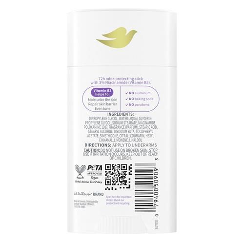 Dove Vitamincare+ Déodorant en stick sans aluminium pour 72 h de protection contre les odeurs Lavande et Camomille Déodorant respirant pour femmes 73 g
