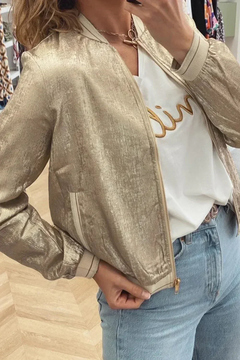 Veste de Baseball Zippée Métallisée Kaki Pâle – Femstylo