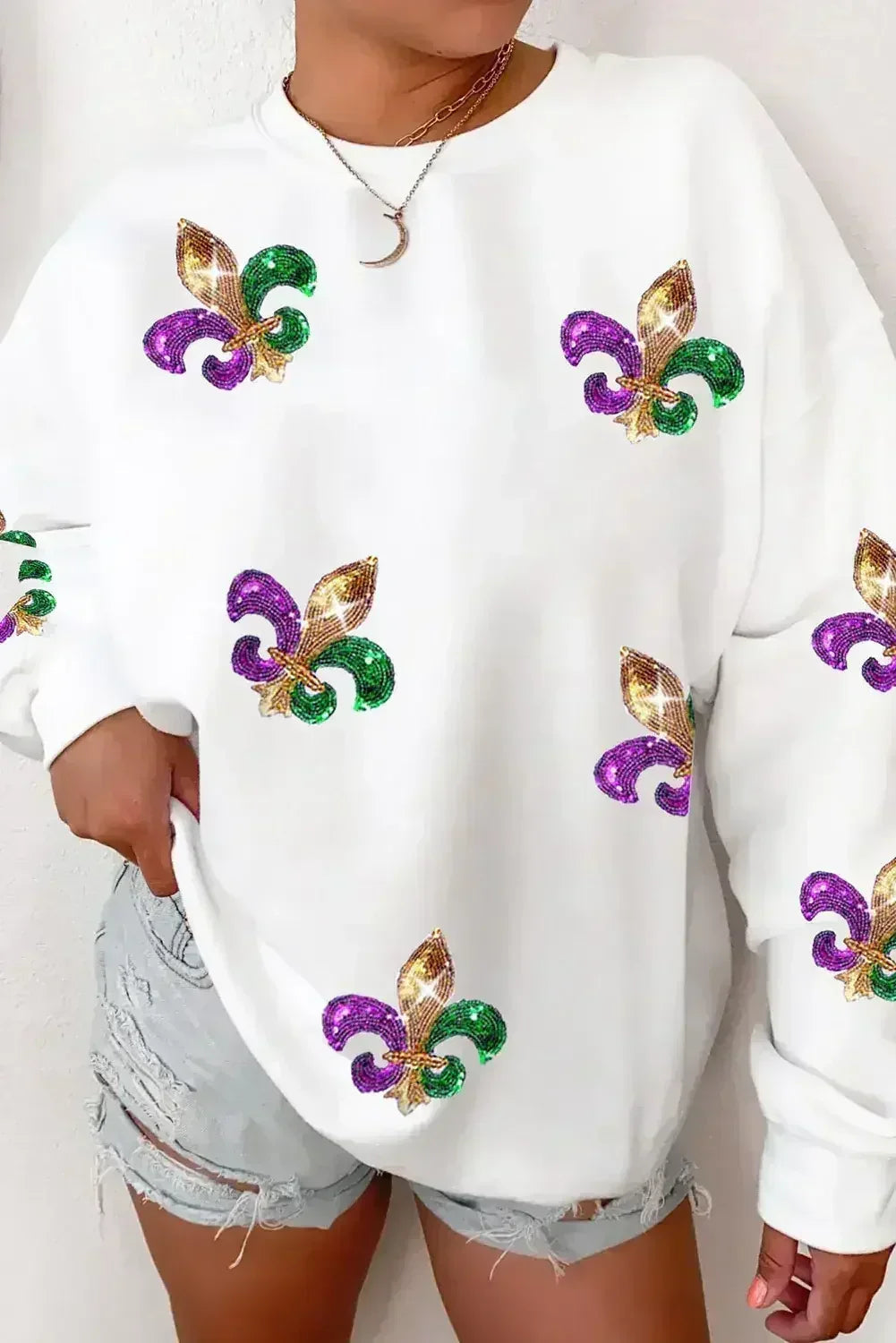 Sweat-shirt ras du cou de Mardi Gras à sequins blancs