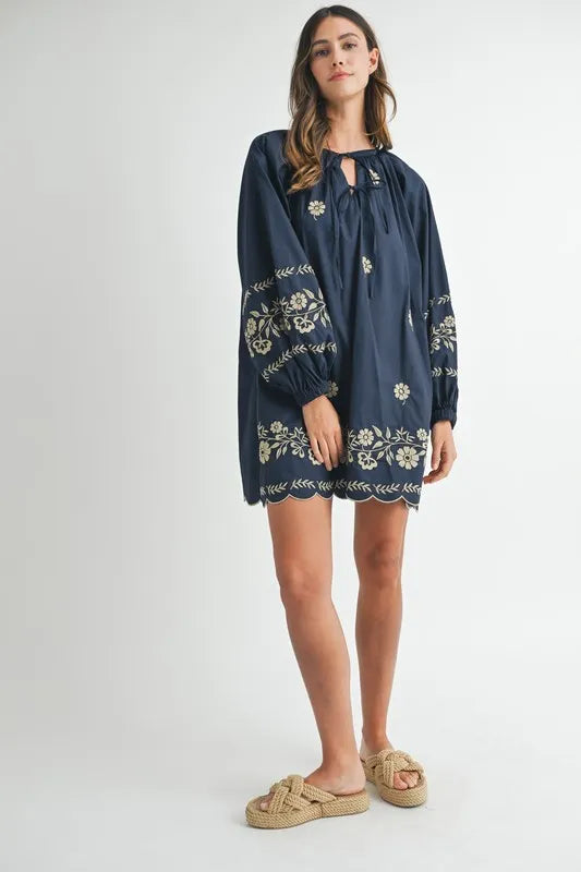 Mini-robe paysanne brodée à manches longues pour femme – Mini-robe brodée, robe paysanne à manches longues, robe bohème, robe paysanne décontractée, robe élégance intemporelle