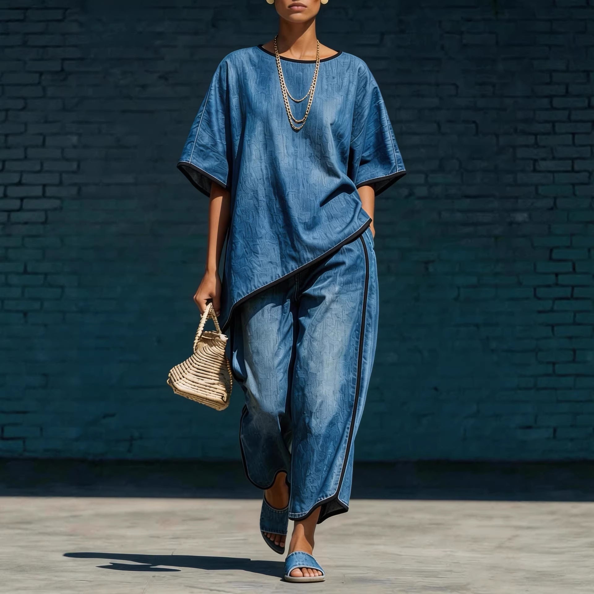 Ensemble tricot haut et pantalon ample en jean pour femme – 2 pièces décontracté