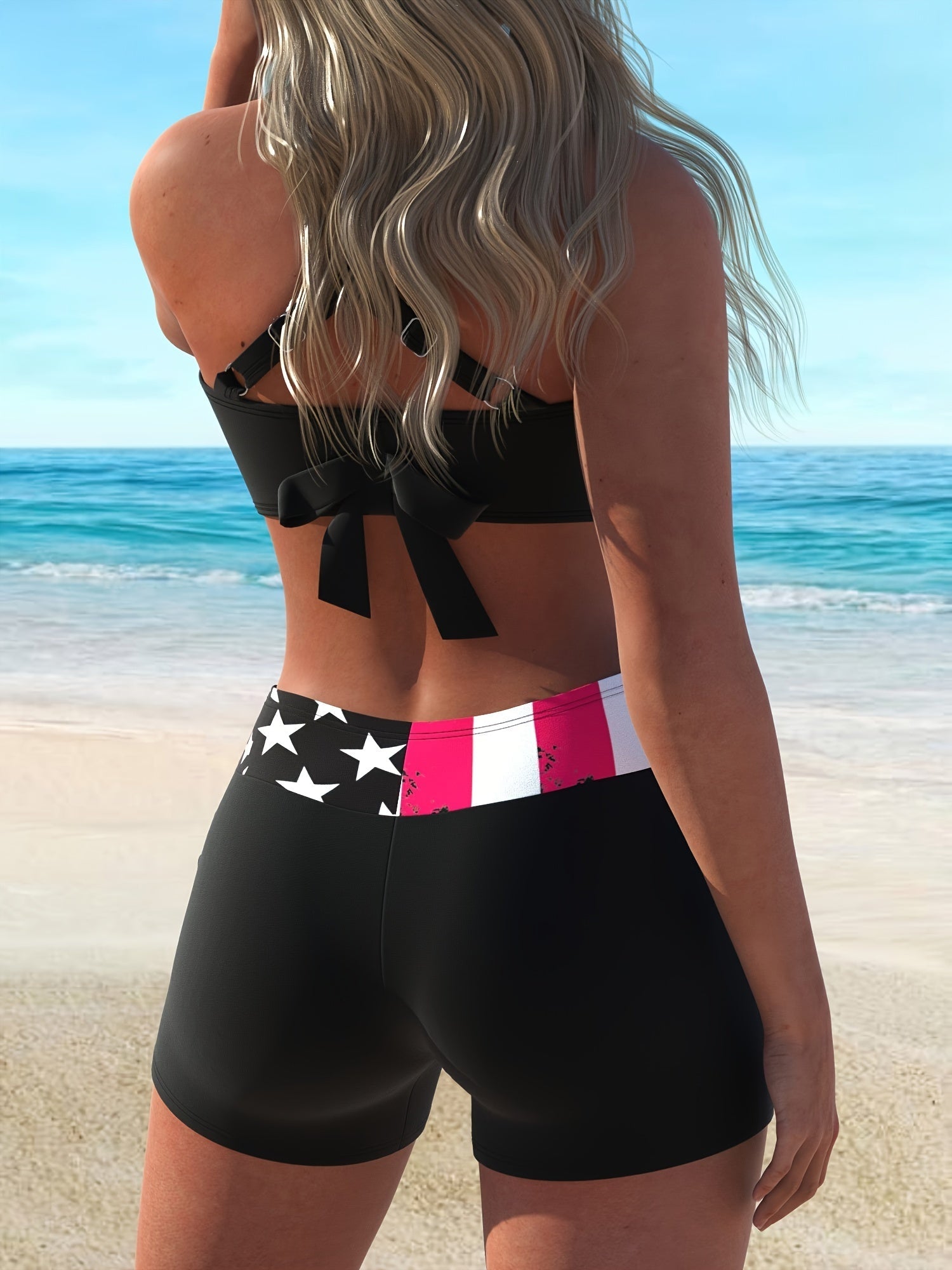 Maillot de bain bikini 2 pièces femme imprimé drapeau américain, licou croisé – Ensemble bikini patriotique très extensible avec dos noué et bas shorty – Maillot de bain confortable pour la plage, la piscine et les célébrations du 4 juillet