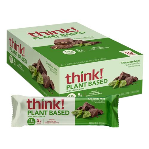 Think! Barres hyperprotéinées végétaliennes/végétales - Chocolat Menthe, 13g de protéines, 5g de sucre, sans édulcorants artificiels, vérifié par le projet sans OGM, paquet de 10 (l'emballage peut varier)
