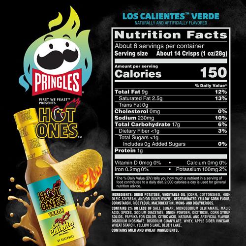 Pringles Hot Ones Los Calientes Chips de pommes de terre croustillantes, Verde, Snacks épicés, Inspiré de la sauce piquante, Boîte de 156g (1 boîte) ?