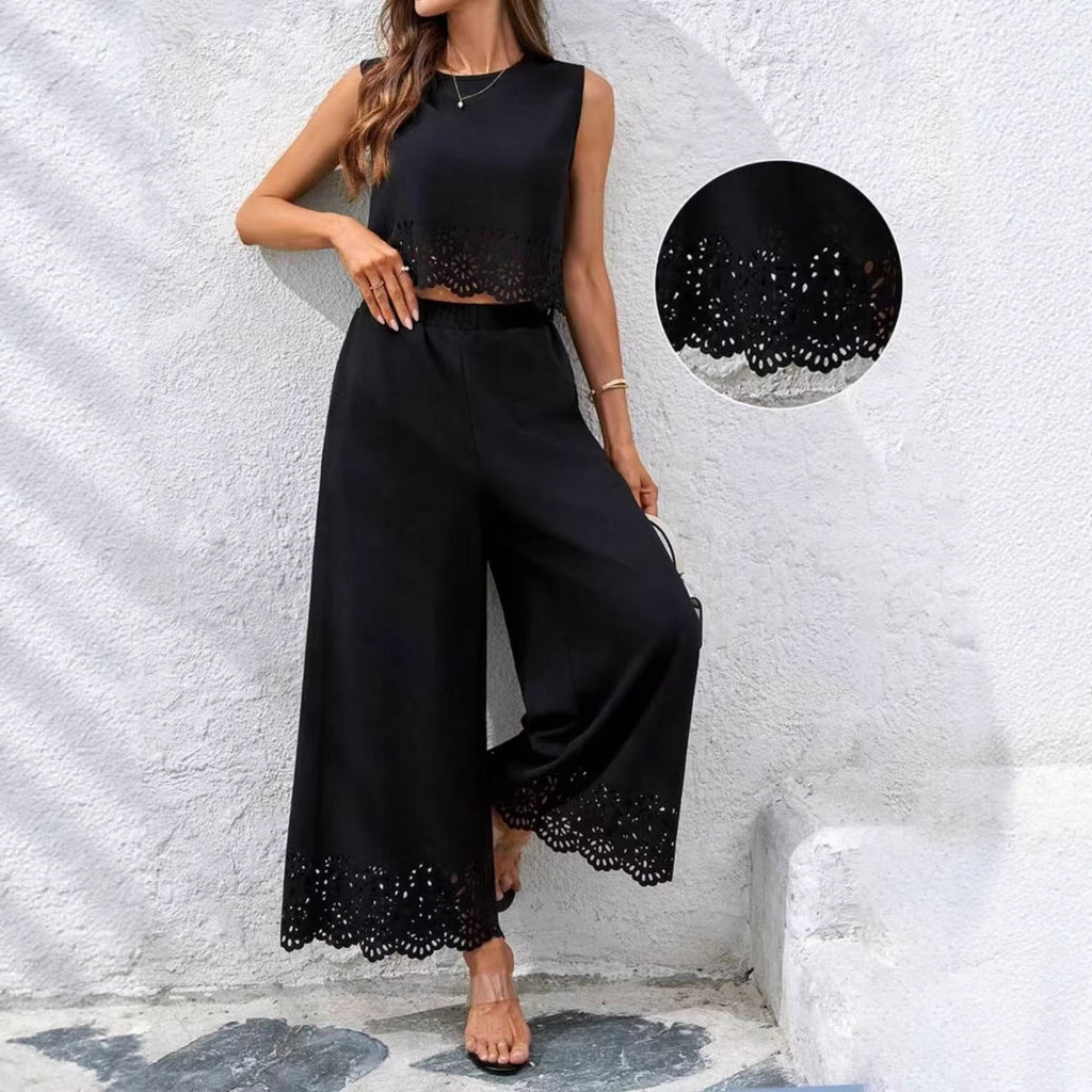 Ensemble 2 pièces débardeur ajouré et pantalon de style balnéaire pour femme – avec poches