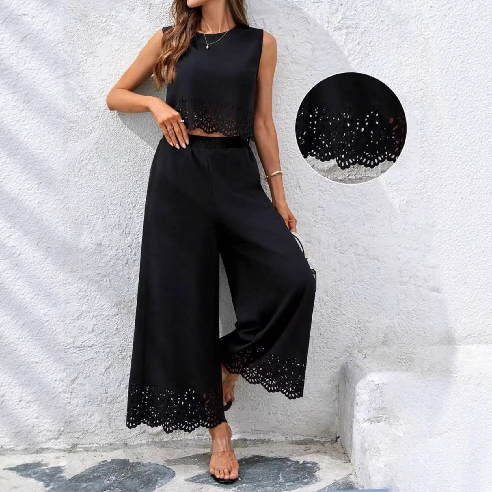 Ensemble 2 pièces débardeur ajouré et pantalon de style balnéaire pour femme – avec poches
