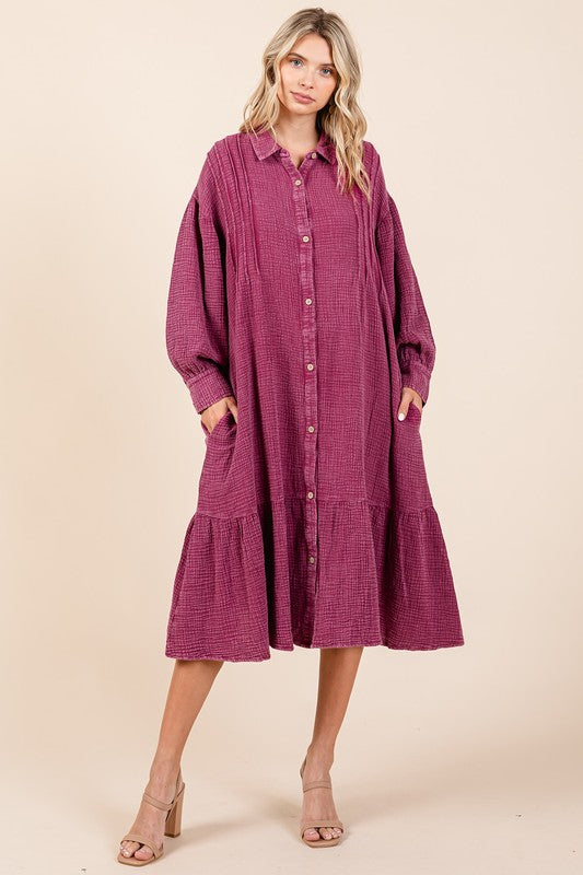 Robe chemise midi à volants en gaze de coton délavé pour femme – Robe boutonnée décontractée et féminine avec détails à volants