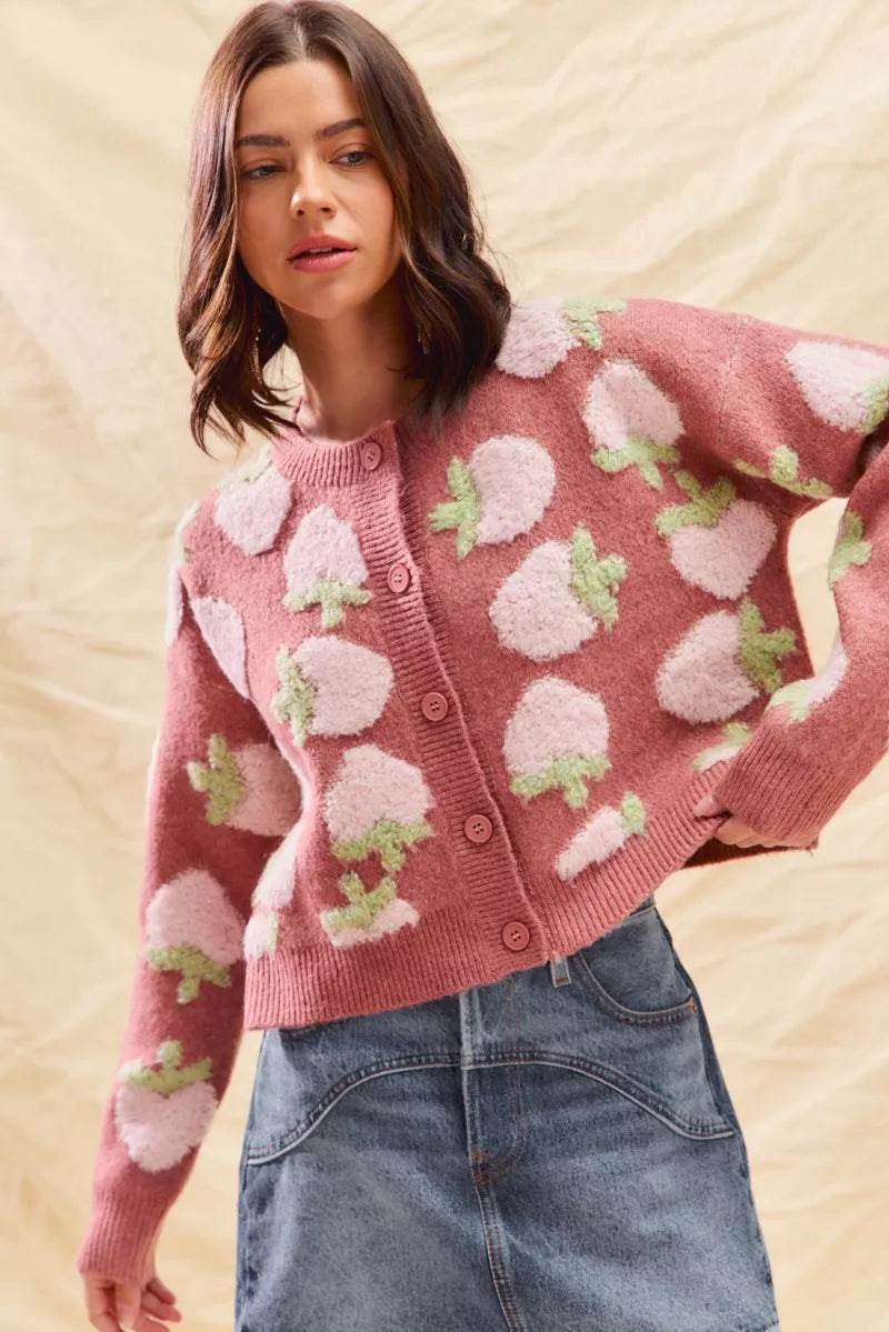 SO ME Cardigan en maille boutonnée à motif de fraises
