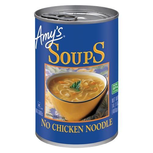 Soupe Amy's, végétalienne, nouilles sans poulet, faite avec des légumes biologiques, 400 grammes