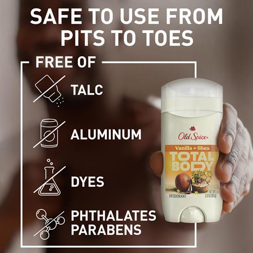 Déodorant Corps Entier en Stick Old Spice pour Hommes, Sans Aluminium, Parfum Vanille + Karité, Protection Anti-Odeurs 24h/24 et 7j/7, Fraîcheur Durable 24h/24 et 7j/7, Testé Dermatologiquement, Doux pour la Peau, Sûr à Utiliser sur Tout le Corps, 85 g