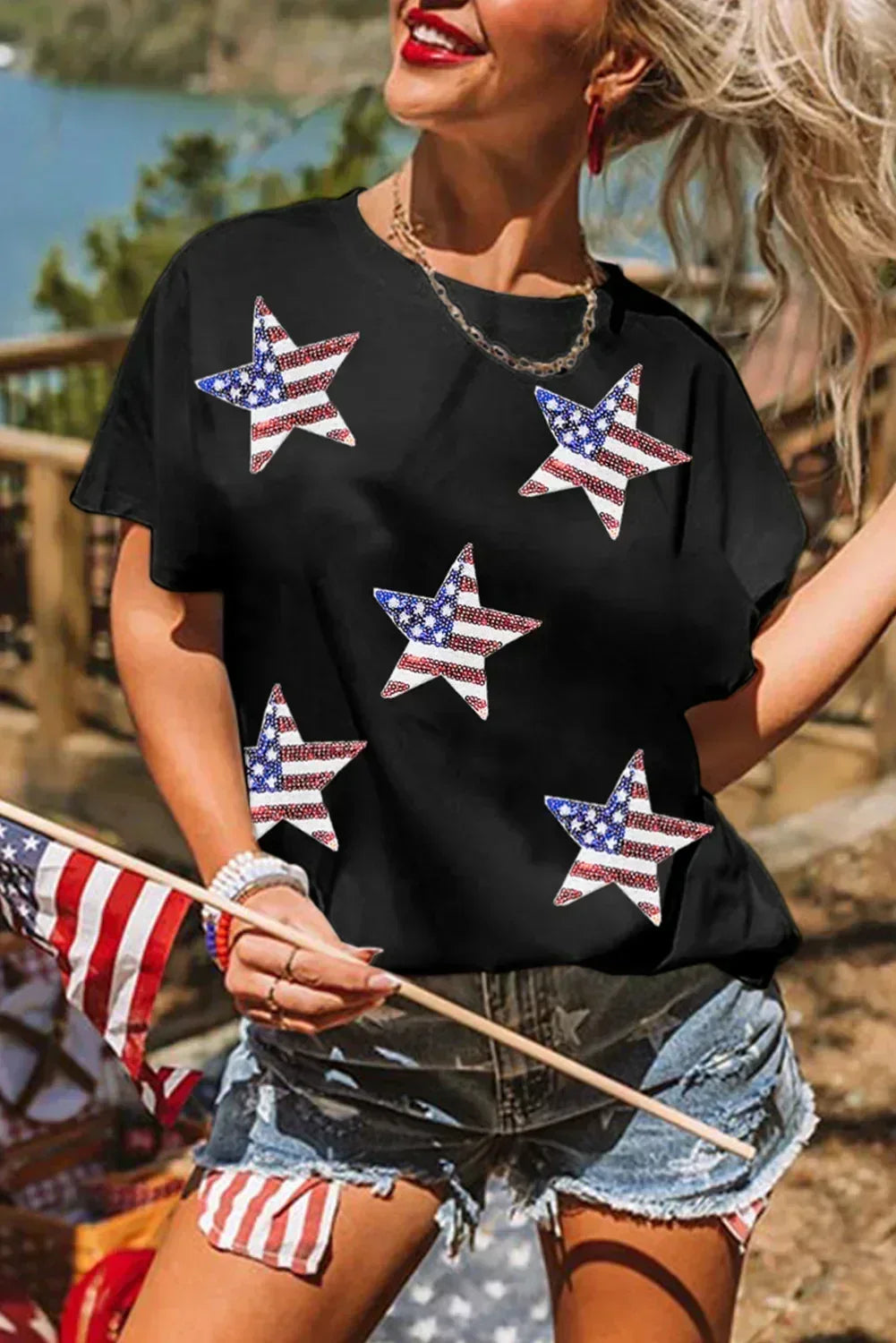 T-shirt graphique étoiles drapeau américain à paillettes noires