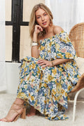 Robe longue d'été à manches courtes et épaules dénudées avec volants et imprimé floral pour femme – Robe longue fleurie élégante et féminine à épaules dénudées avec volants superposés pour un look romantique