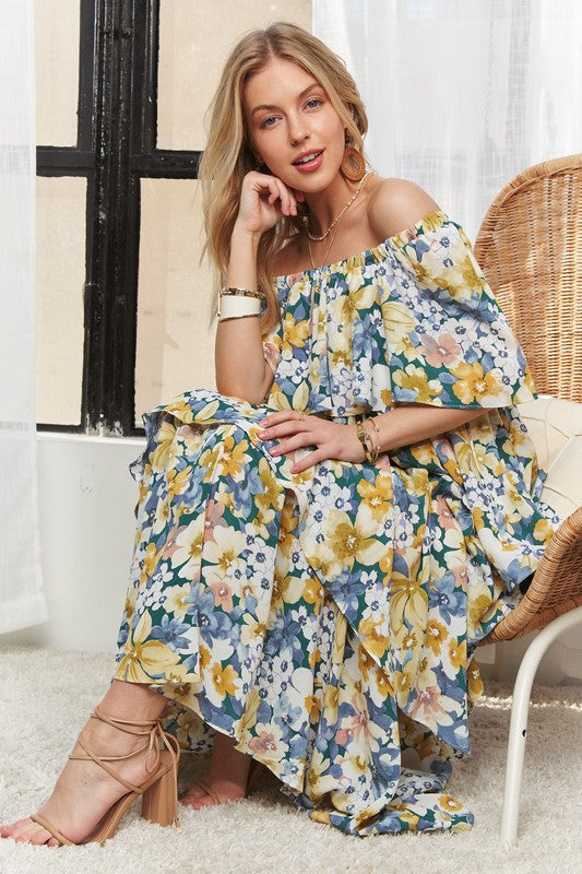 Robe longue d'été à manches courtes et épaules dénudées avec volants et imprimé floral pour femme – Robe longue fleurie élégante et féminine à épaules dénudées avec volants superposés pour un look romantique