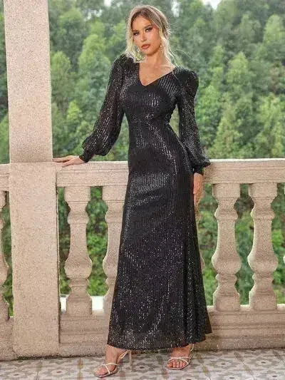 Robe longue à sequins, col en V et manches lanternes