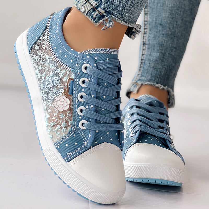 Baskets en toile décontractées à pois et broderies florales pour femme