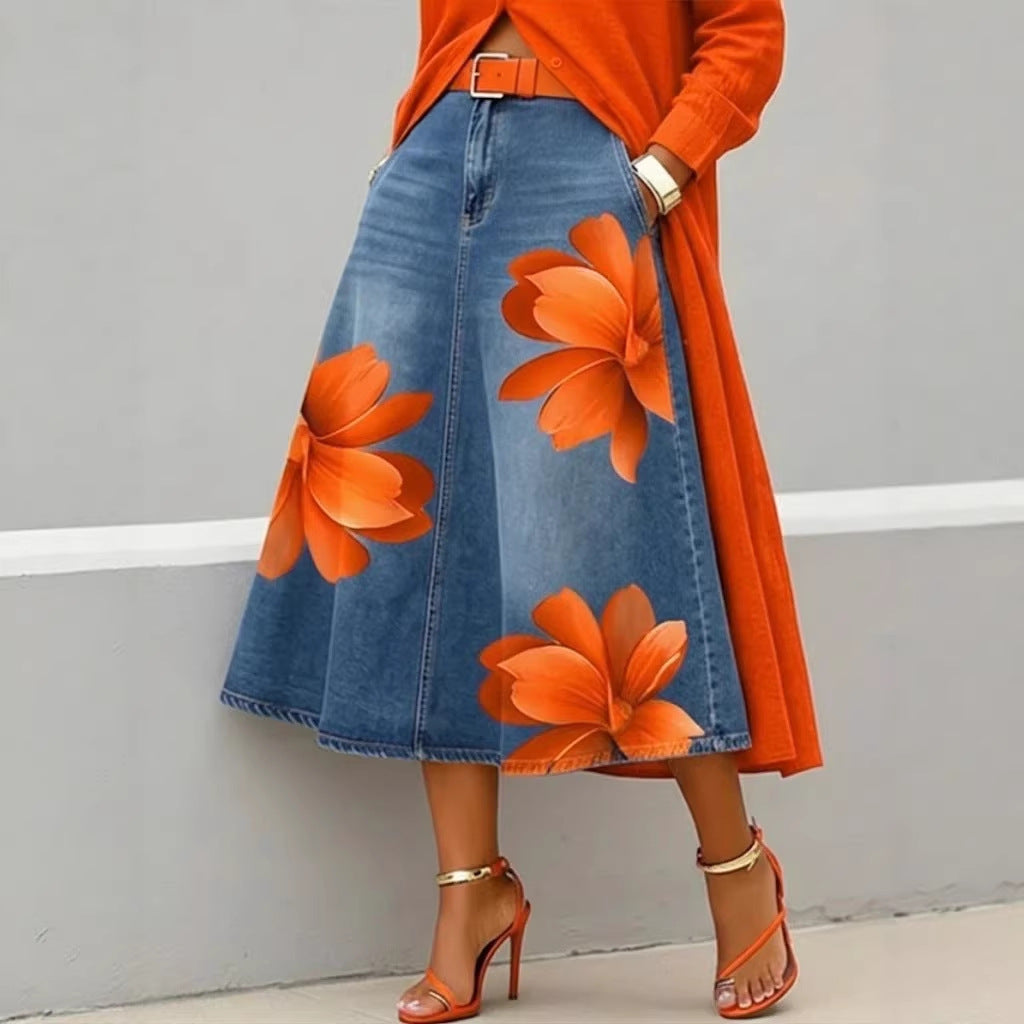 Jupe trapèze mi-longue fleurie pour femme – Jupe bohème style denim