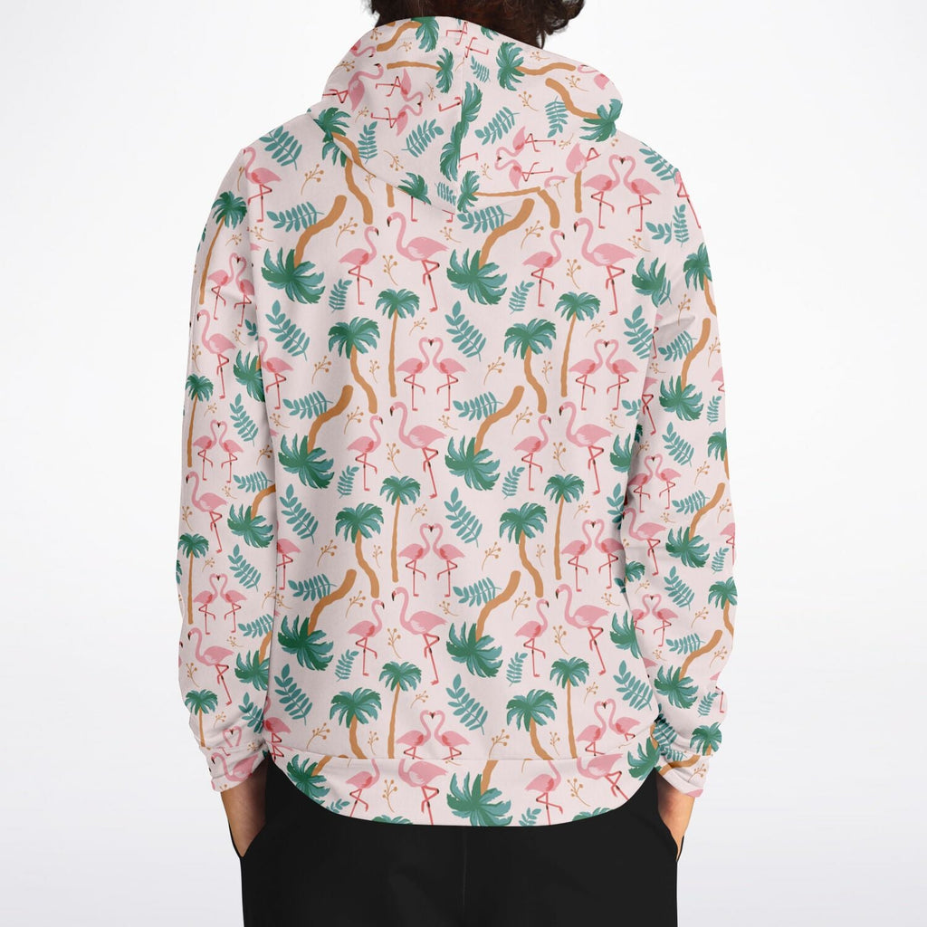 Sweat à capuche motif floral tropical flamant rose