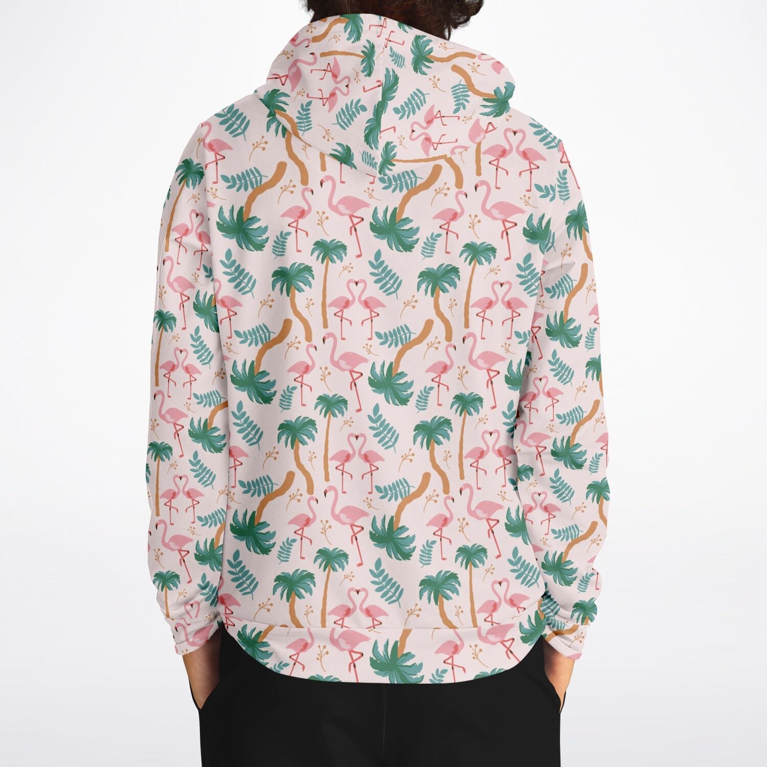 Sweat à capuche motif floral tropical flamant rose