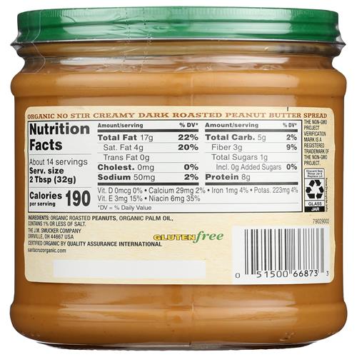 Santa Cruz Organic Beurre de cacahuètes crémeux torréfié foncé bio sans remuer, 453 g