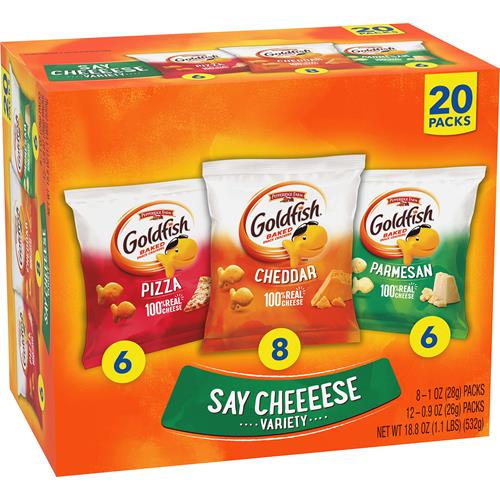 Biscuits Goldfish Say Cheeeese, assortiment de paquets de 20 unités avec cheddar, pizza et parmesan