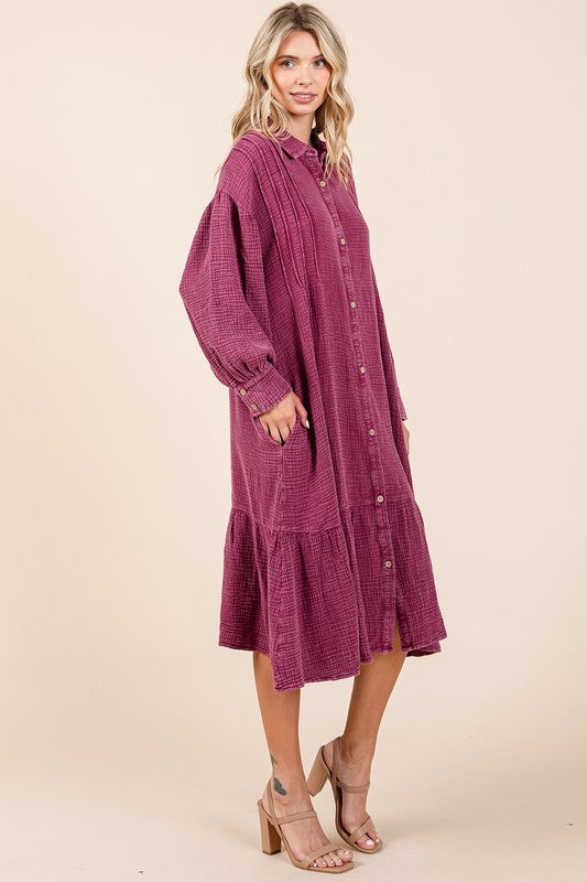 Robe chemise midi à volants en gaze de coton délavé pour femme – Robe boutonnée décontractée et féminine avec détails à volants