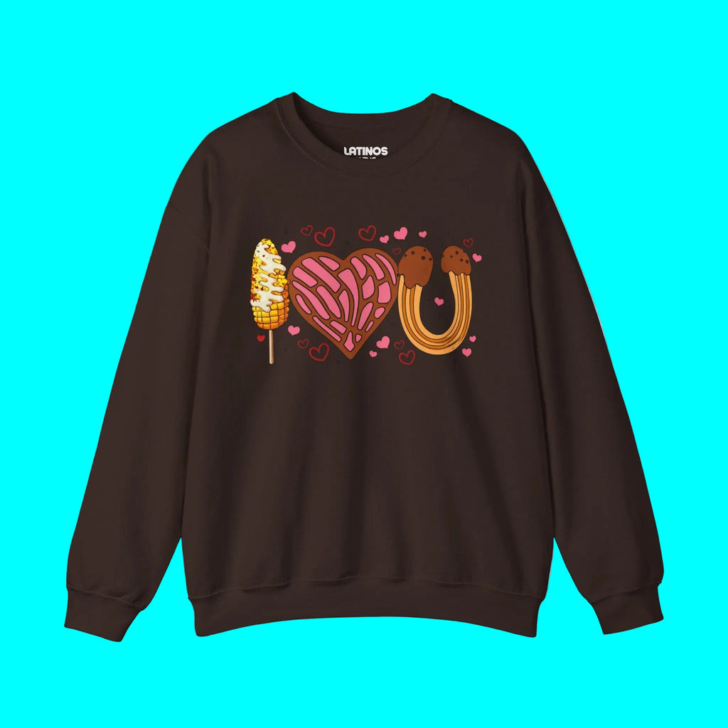 Je t'aime (Elote, Concha, Churro Love Fest) Pull ras du cou confortable pour la Saint-Valentin latine | Drôle mexicain viral | 3 couleurs