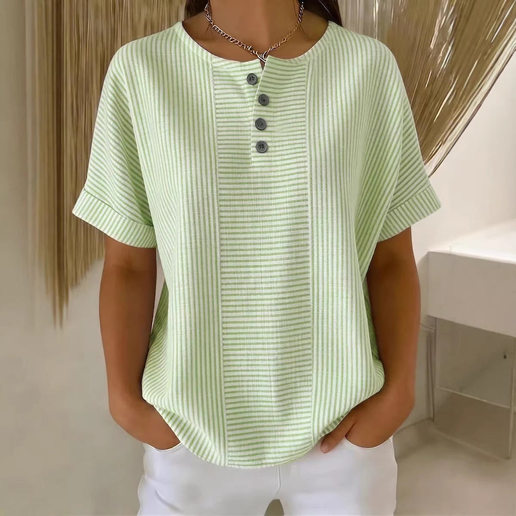 T-Shirt Rayé Femme en Coton et Lin – Col en V, Détails Boutonnés, Coupe Ample
