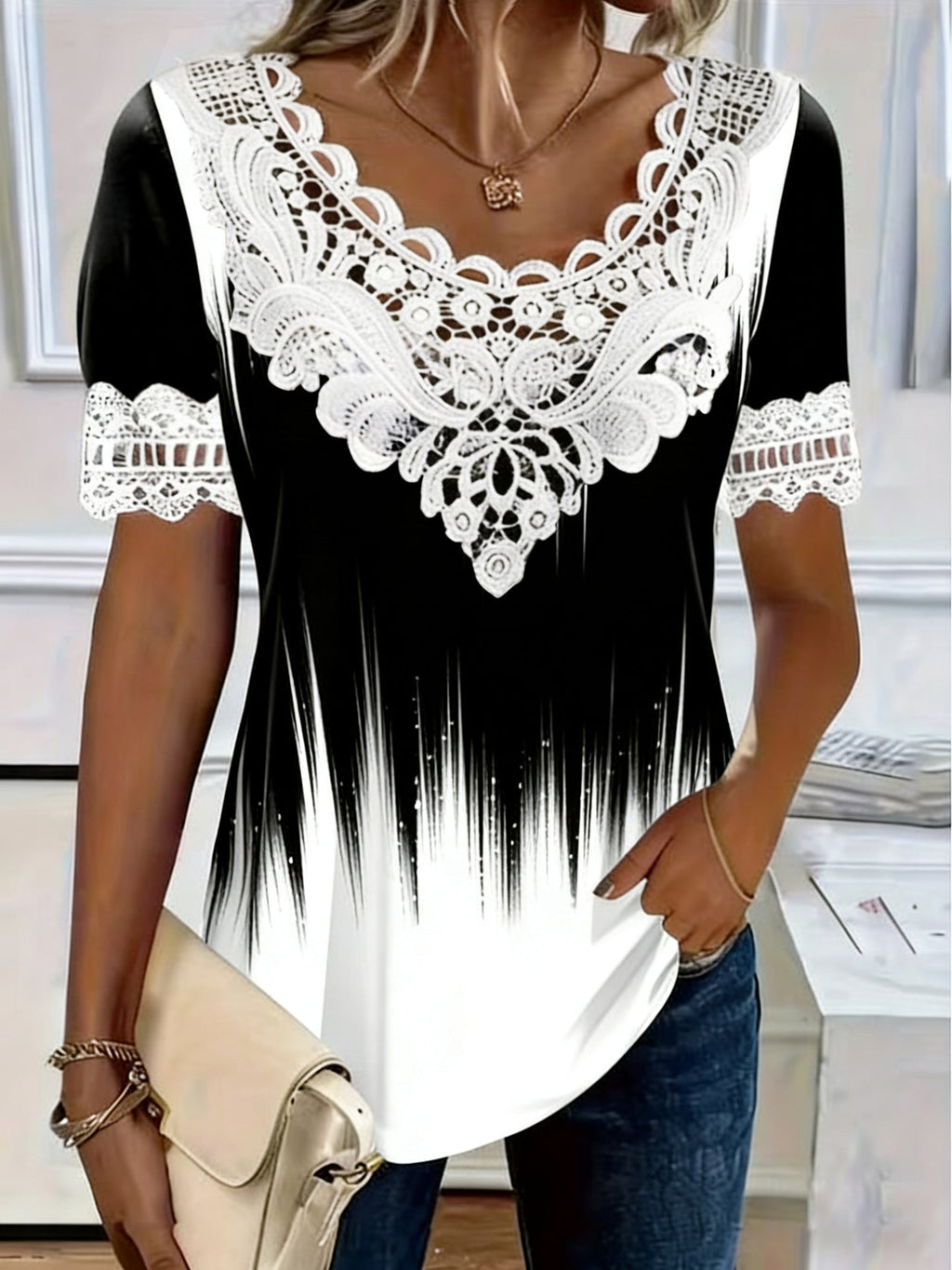 T-shirt à manches courtes et col rond en dentelle patchwork pour femme