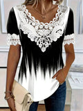 T-shirt à manches courtes et col rond en dentelle patchwork pour femme