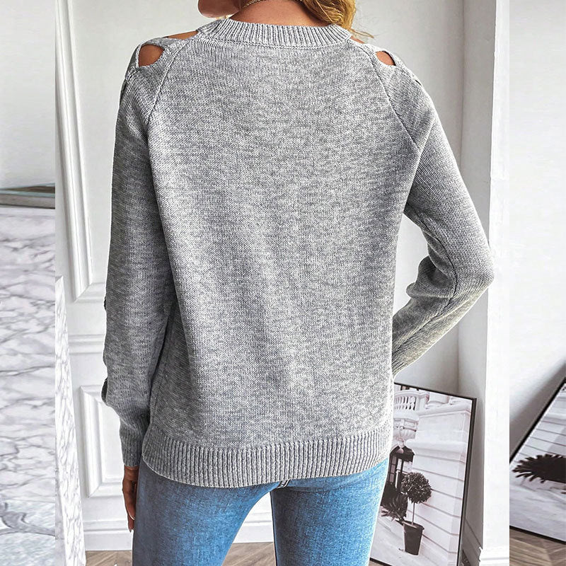 Pull décontracté à manches longues ajouré pour femme