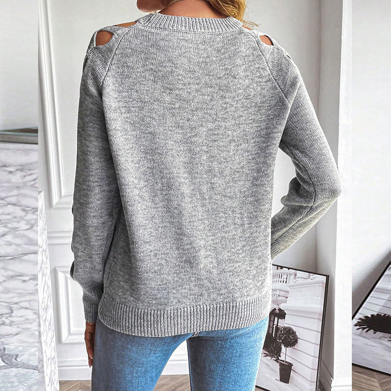 Pull décontracté à manches longues ajouré pour femme