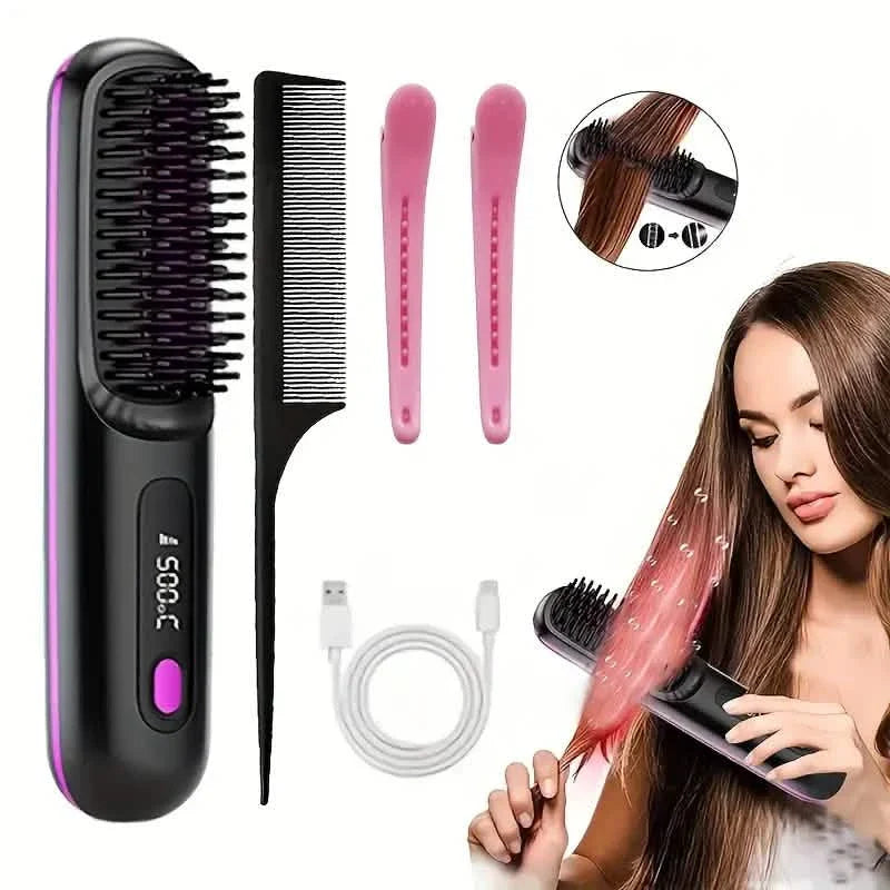 Peigne lisseur sans fil portable – Rechargeable par USB, 3 vitesses, Ions négatifs