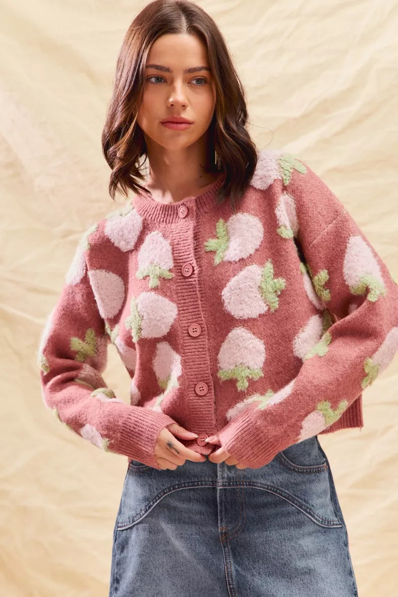 SO ME Cardigan en maille boutonnée à motif de fraises