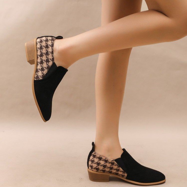 Talons compensés rétro bicolores pour femmes – Chaussures habillées à bout rond et talon moyen