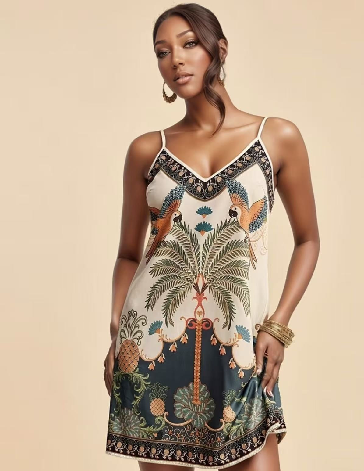 Robe nuisette à col en V imprimé tropical de styles européen et américain