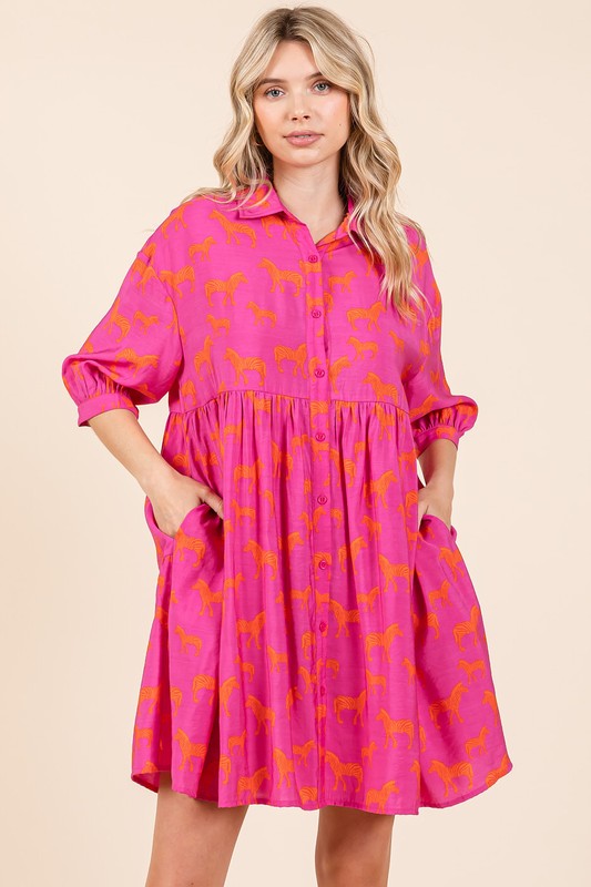 Mini-robe chemise boutonnée imprimé zèbre pour femmes – Robe fluide, audacieuse et tendance avec poches et étages superposés