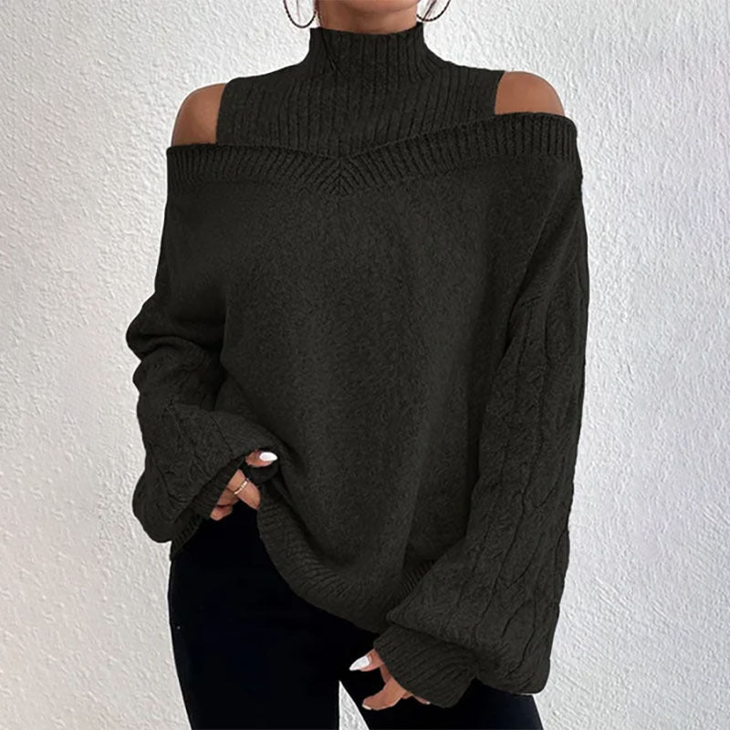 Chandail élégant pour femme, coupe asymétrique, col roulé — Haut en maille à manches longues