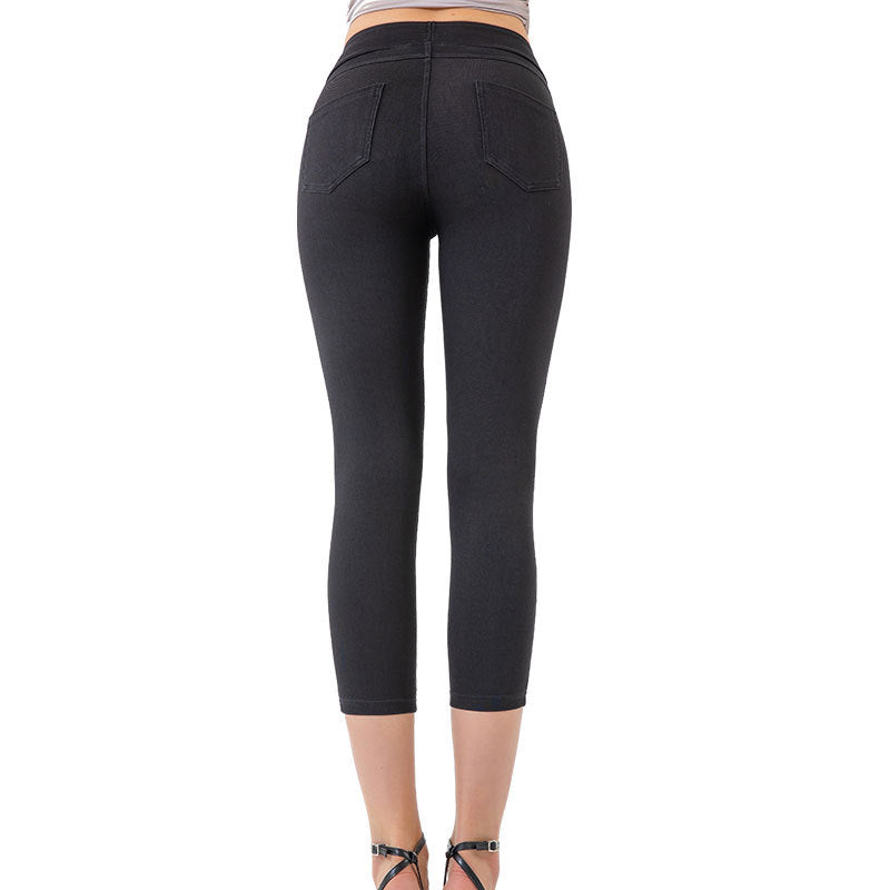 Pantacourt en jean de yoga pour femme, taille basse, coupe ajustée, très élastique, contrôle du ventre, pantalon décontracté de fitness