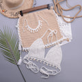 Ensemble bikini femme, haut de bikini crochet coquillages et pompons, jupe de plage coquillages en dentelle transparente, tenue de plage d'été 2 pièces, ensemble haut de bikini et jupe en crochet.