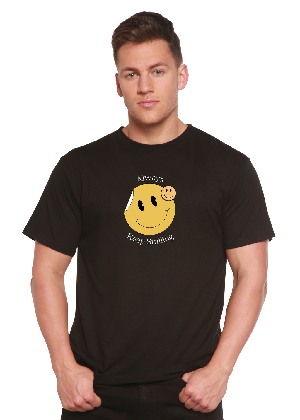 T-shirt graphique à manches courtes en bambou-viscose/coton biologique pour homme avec inscription « Always Keep Smiling »