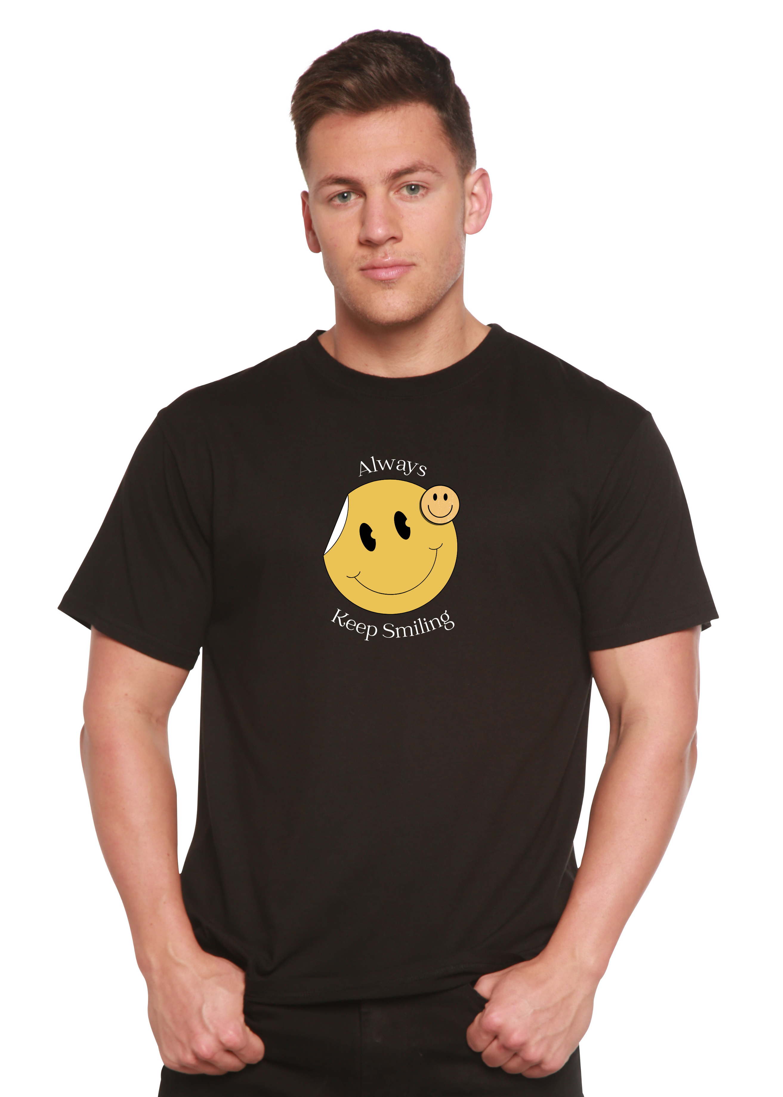T-shirt graphique à manches courtes en bambou-viscose/coton biologique pour homme avec inscription « Always Keep Smiling »